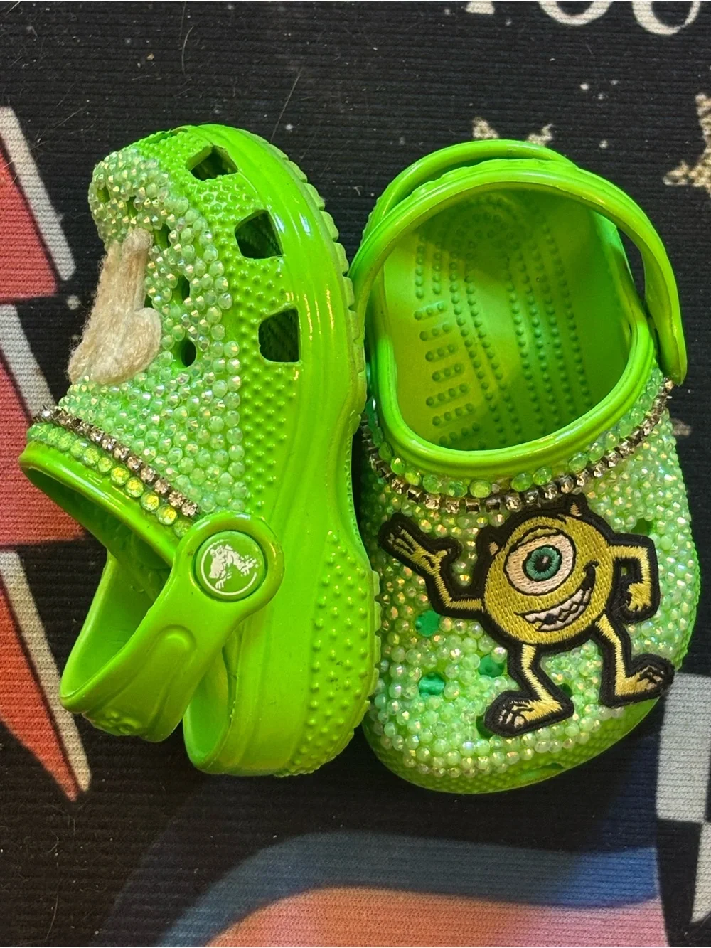 CROCS Kids' Lime Green Jeweled Clogs with Monster Patch